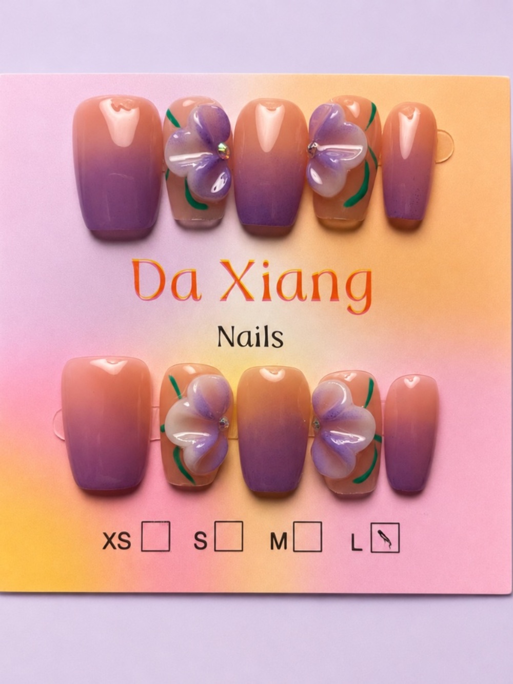 NEW Purple Ombre Short Coffin Press-On Nails | 3D Flower/Rhinestone | Large